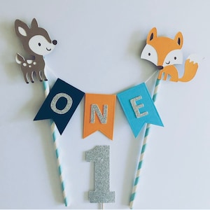 Custom Woodland Cake Topper, Woodland Bunting, Fox, Deer Cake Topper. Glitter Cake Bunting. Glitter Cake Topper Personalized, Personalised