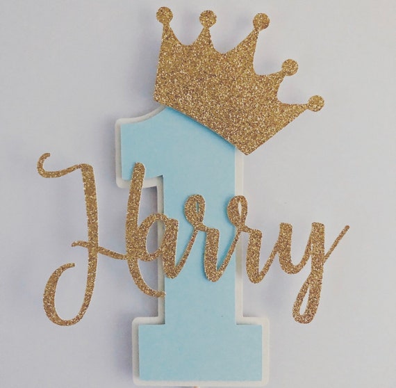 Personalised Prince Crown Gold Glitter Card Cake Topper Bunting Prince Party 