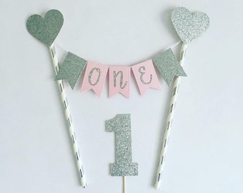 Pink And Silver 1st Birthday Decorations Pink And Silver Cake Topper Cake Bunting First Birthday Cake Topper 1st Birthday Girl