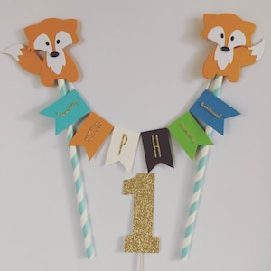 Personalised Custom Fox Cake Topper Fox Bunting Woodland Fox Cake Topper Glitter Cake Topper Personalized Cake Topper Personalized Cake