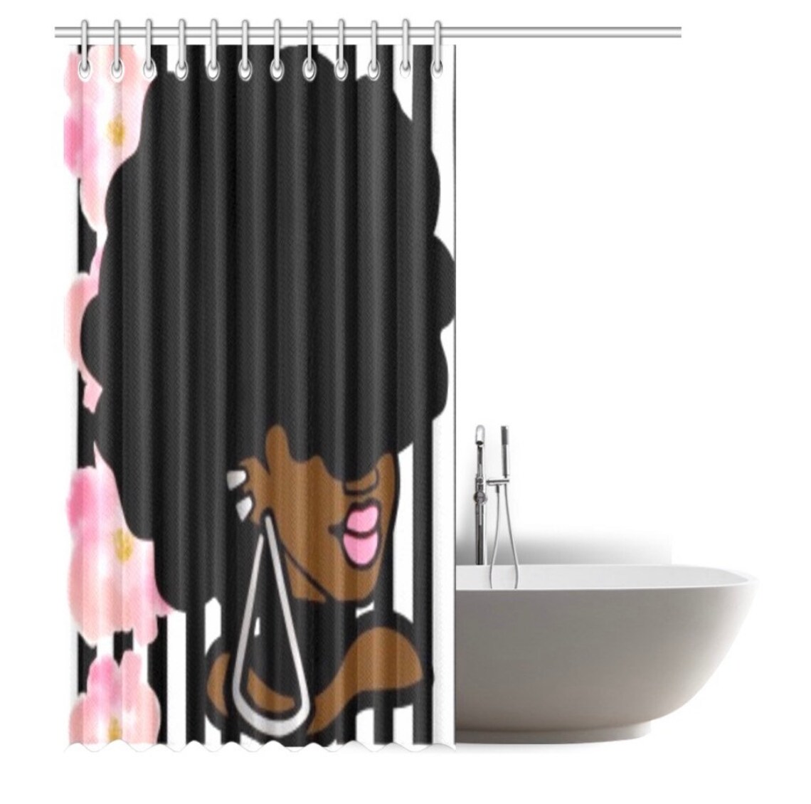 Black Afro Girl Shower Curtain with Flowers Etsy