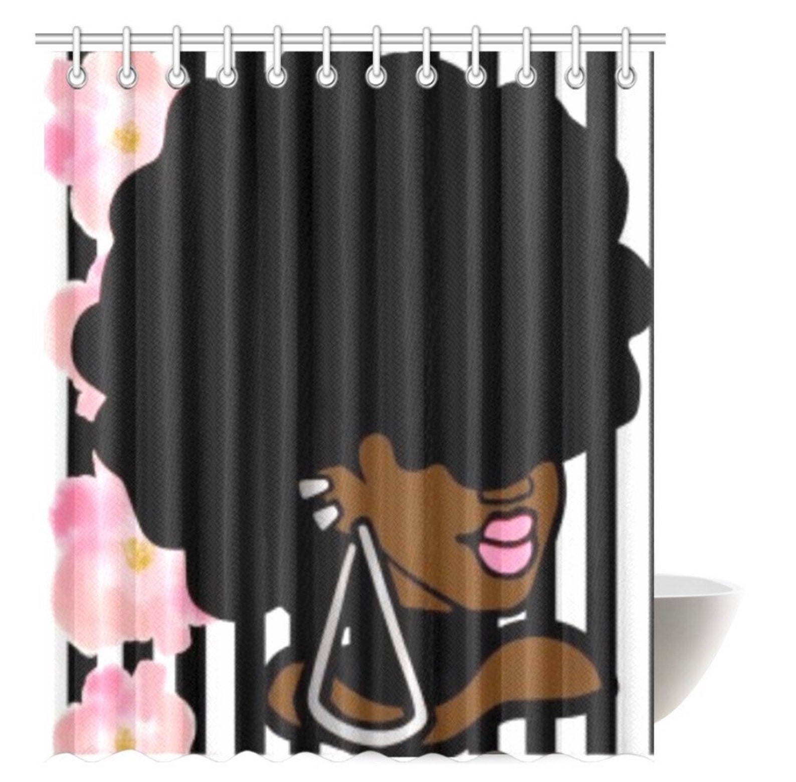 Black Afro Girl Shower Curtain With Flowers Etsy