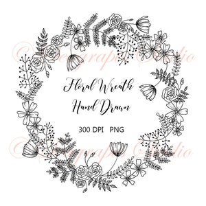 Floral Wreath Clipart Hand Drawn, Flowers & Leaves PNG Printable Black Botanical Clipart Download, Wedding Invitations, Scrapbooking, Crafts