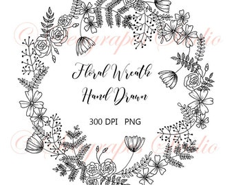 Floral Wreath Clipart Hand Drawn, Flowers & Leaves PNG Printable Black Botanical Clipart Download, Wedding Invitations, Scrapbooking, Crafts