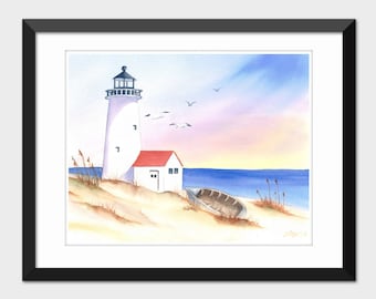 Watercolor Lighthouse Seascape Painting, Printable Coastal Wall Art Home Decor Instant Download Print 8x10 11x14 Downloadable Print