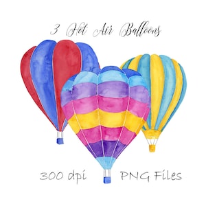 Hot Air Balloons Watercolor Clipart, 3 Individual Balloon PNG Files Instant Digital Download, Watercolor Balloon Clip Art