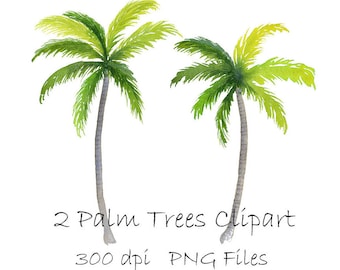 Watercolor Palm Tree Clipart, Tropical PNG Instant Download, Hand Painted 8" Palm Trees Clip Art, 2 Individual PNG Files