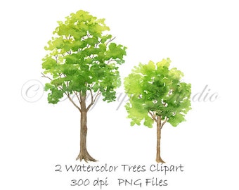 Watercolor Trees Clipart, PNG Instant Download, Hand Painted Spring Trees Clip Art, 2 Individual PNG Files