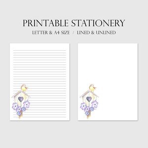 Printable Stationery Watercolor Bird & Birdhouse, Writing Paper Download, 8.5x11 Letter Size, A4 Size, Printable Note Paper