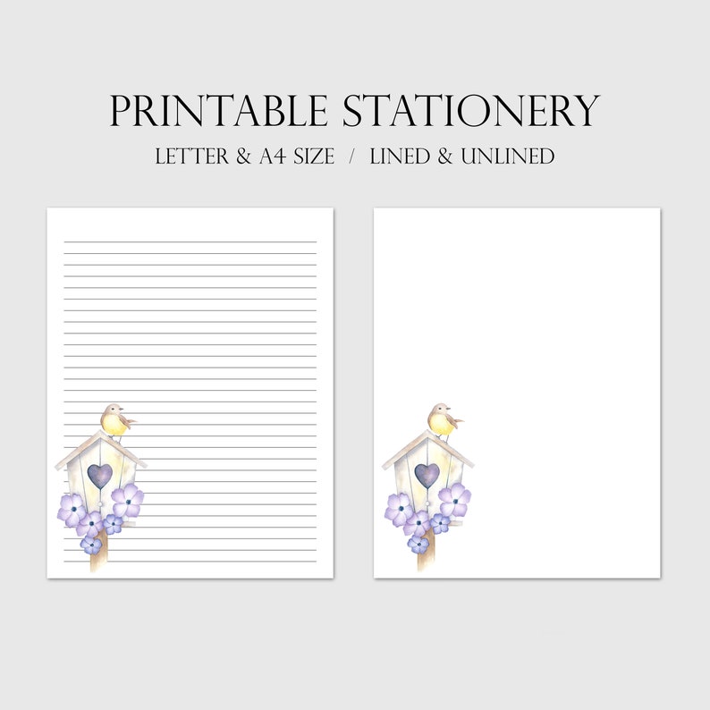 Printable Stationery Watercolor Bird &amp; Birdhouse, Writing Paper ...