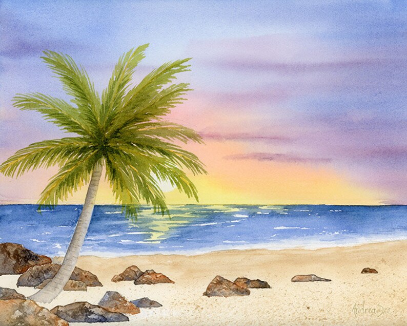 Printable Watercolor Seascape Painting "a New Day" Beach Palm Tree ...