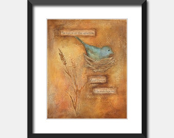 Sein Auge ist auf dem Spatz Mixed Media Wand Kunstdruck, Acryl Collage Malerei, digitaler Download, Schrift Wandkunst, christliche Kunst