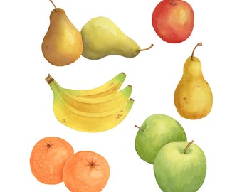 Watercolor Fruit Clipart, 6 Individual PNG Files, Apples Oranges Pears Bananas Clip Art Instant Download, Hand Painted Watercolor