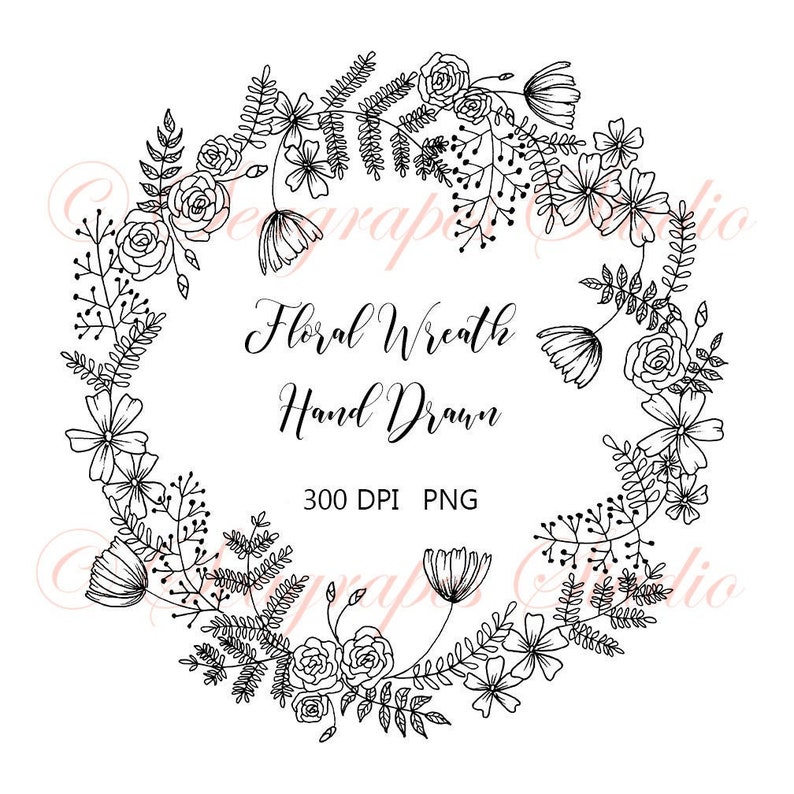 Floral Wreath Clipart Hand Drawn Flowers & Leaves PNG - Etsy