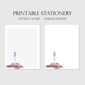 Printable Stationery Watercolor Lighthouse, Writing Paper Download, 8.5x11 Letter Size, A4 Size, Printable Note Paper