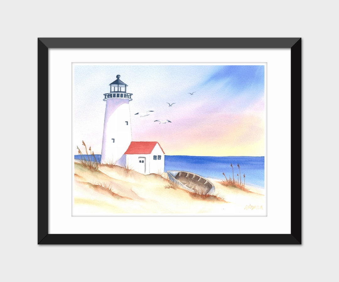 Watercolor Lighthouse Seascape Painting, Printable Coastal Wall Art ...