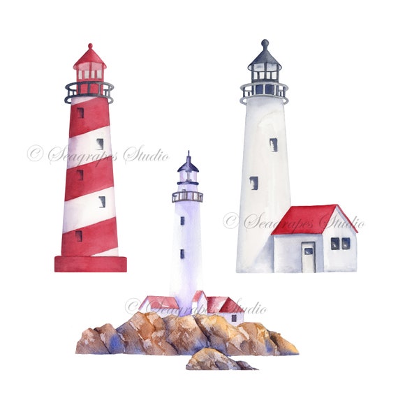 Aquarell Leuchtturm Clipart 3 Png Dateien Kusten Clipart Etsy