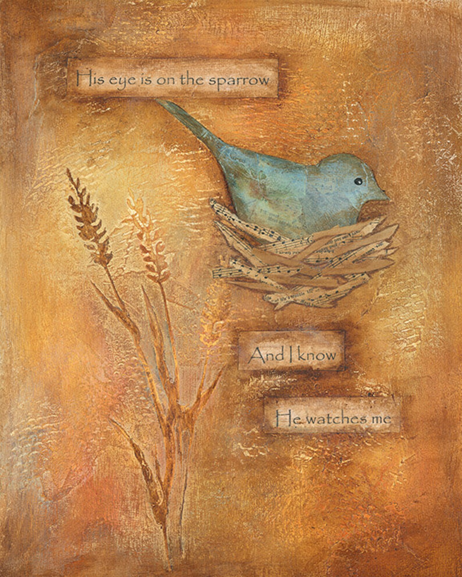 His Eye is on the Sparrow Mixed Media Wall Art Print, Acrylic Collage