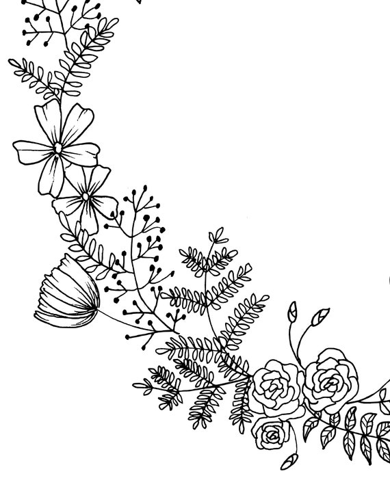 Blumenkranz Clipart von Hand gezeichnet, Blumen & Blätter PNG druckbare schwarze botanische Clipart Download, Hochzeitseinladungen, Scrapbooking, Handwerk