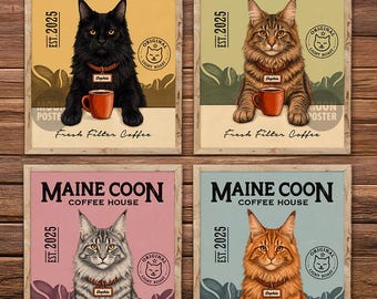 Impression d'art personnalisée chat Maine coon, affiche de café vintage