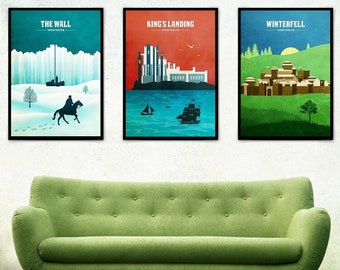 Game of Thrones Travel Minimalist Movie Poster Set, The Wall, King’s Landing, Winterfell, GOT Art Print