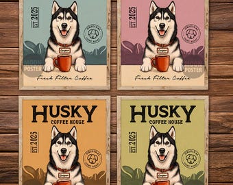 Impression d'art personnalisée Husky Coffee House, poster personnalisé nom de chien