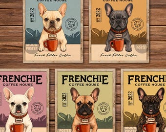 Affiche personnalisée « Bouledogue français » avec café, nom et année personnalisés, cadeau idéal pour les amoureux des bouledogues français.