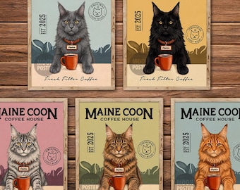 Personalized Maine Coon Cat Art Print, Vintage Coffee House Poster