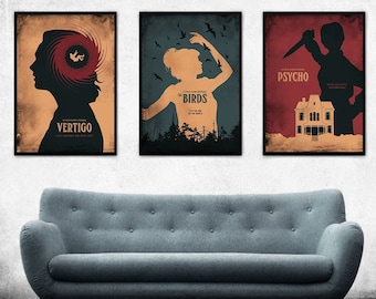 Psycho, The Birds, Vertigo Alfred Hitchcock Minimalist Movie Poster Set, Movie Art, Vintage Movie poster