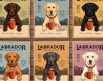 Personalized Labrador Retriever Coffee Poster, Vintage Dog Art Print, Custom Pet Name