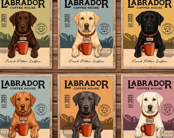 Affiche personnalisée de café de labrador retriever, impression d'art de chien vintage, nom d'animal de compagnie personnalisé