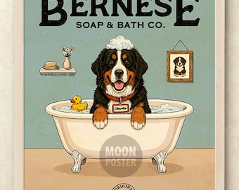 Personalized Bernese Mountain Dog Bathroom Decor Art Print, Custom Pet's Name