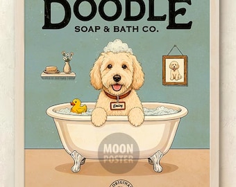Personalized Cream Goldendoodle Dog Bathroom Decor Art Print, Custom Doodle Poster