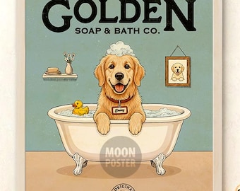 Personalized Golden Retriever Bath Portrait, Custom Pet Name, Watercolor Dog Art