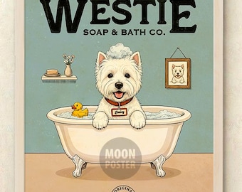 Personalized West Highland White Terrier Dog Bathroom Decor Art Print, Custom Westie Poster