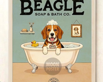 Personalized Beagle Bathroom Decor Art Print, Custom Pet Name, Vintage Dog Art