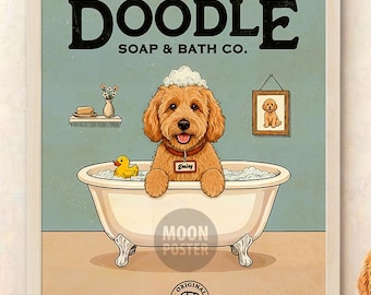 Personalized Goldendoodle Dog Bathroom Decor Art Print, Custom Doodle Poster