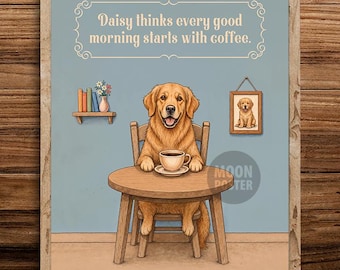 Affiche personnalisée avec citation humoristique sur le thème du Golden Retriever et du café