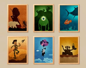 Vintage Walt Disney Pixar Minimalist Movie Artwork Set, 6 Print, Monster Inc., Up, Finding Nemo, Wall-E, Tory Story, Brave