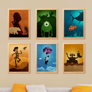 Vintage Walt Disney Pixar Minimalist Movie Artwork Set, 6 Print, Monster Inc., Up, Finding Nemo, Wall-E, Tory Story, Brave
