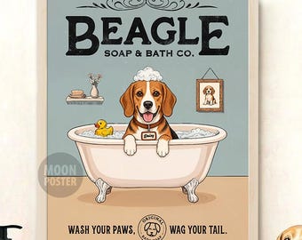 Impression d'art personnalisée de décoration de salle de bain beagle, nom d'animal de compagnie personnalisé, art de chien vintage