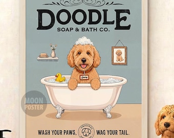 Impression d'art personnalisée de décoration de salle de bains de chien Goldendoodle, affiche personnalisée de griffonnage