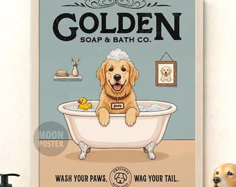 Portrait personnalisé de bain Golden Retriever, nom d'animal de compagnie personnalisé, art chien aquarelle