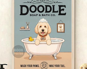 Impression d'art crème personnalisée de décoration de salle de bains de chien de Goldendoodle, affiche personnalisée de griffonnage