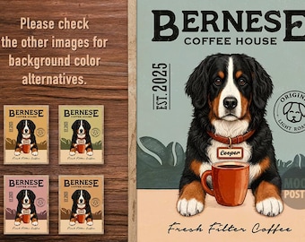 Personalized Bernese Mountain Dog Art Print, Vintage Coffee Poster for Dog Lovers