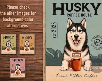 Personalized Husky Coffee House Art Print, Custom Dog Name Poster