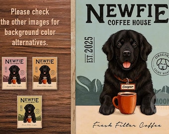 Personalized Newfoundland Dog Art Print, Vintage Coffee Poster, Newfie Gift