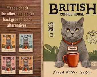 Personalized British Shorthair Cat Art Print, Vintage Coffee House Poster