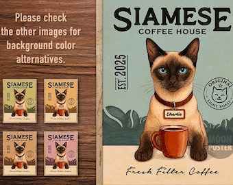 Personalized Siamese Cat Art Print, Vintage Coffeehouse Poster