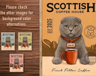 Personalized Scottish Fold Cat Art Print, Vintage Coffeehouse Poster